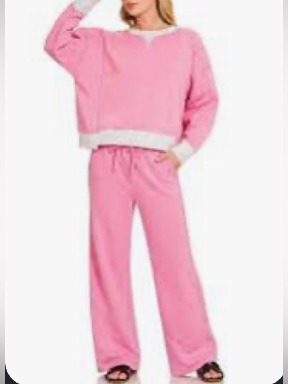 Zenana contrast-piping loungewear set featuring a washed pink color palette